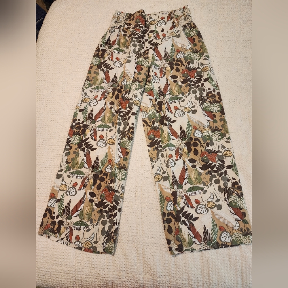 Cato Multicolor Floral Linen Blend Palazzo Wide-leg Pants Elastic Waist 14-16W